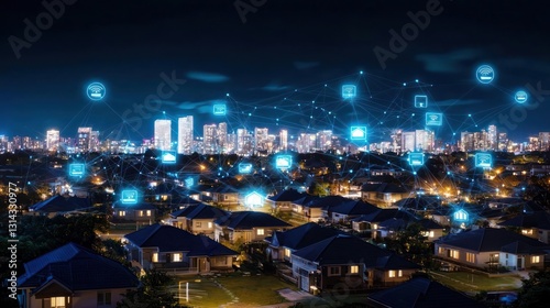 Wallpaper Mural Digitally Connected Cityscape at Night with Illuminated Houses and Buildings Torontodigital.ca