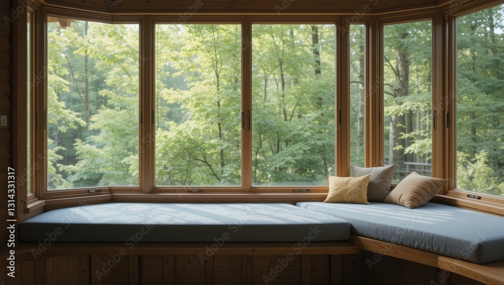 Cozy Reading Nook with Large Windows Overlooking Lush Green Forest in Modern Interior Design Cozy Reading Nook with Large Windows Overlooking Lush Green Forest in Modern Interior Design