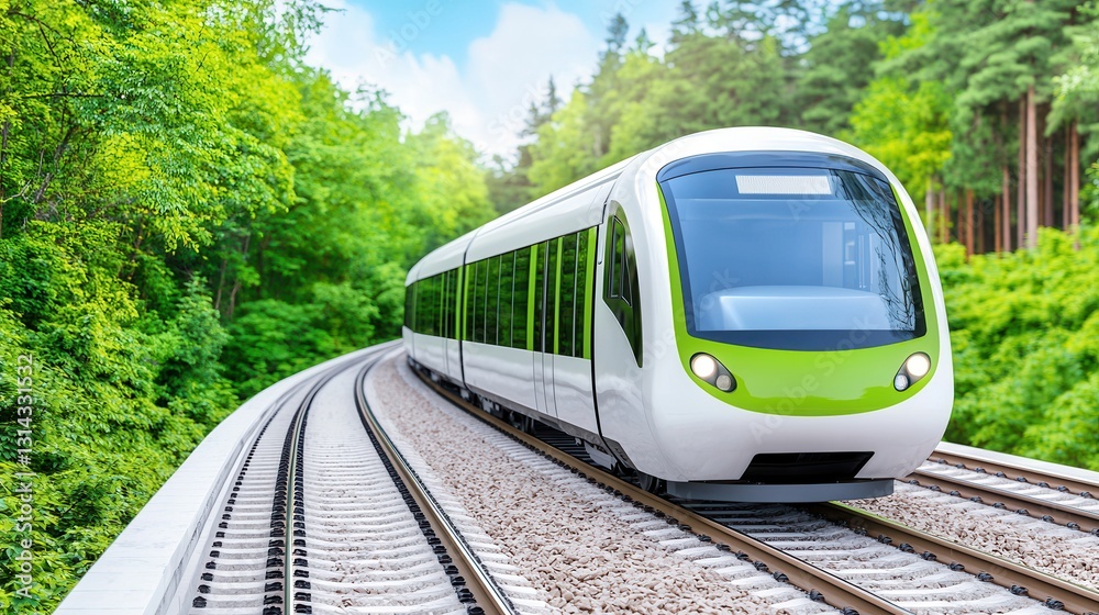 Naklejka premium Modern Electric Train Traveling Through Lush Green Forest Landscape in Daylight