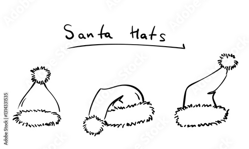 Set of three Santa hats simple hand drawn isolated doodle for holiday design, Christmas hat black vector sketch