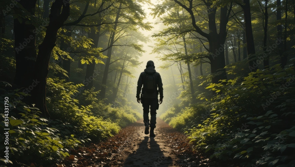 © wiwat apisithpinyo - Silhouette of a Figure Walking on a Sunlit Path Through Lush Forest with Green Leaves © wiwat apisithpinyo - Silhouette of a Figure Walking on a Sunlit Path Through Lush Forest with Green Leaves