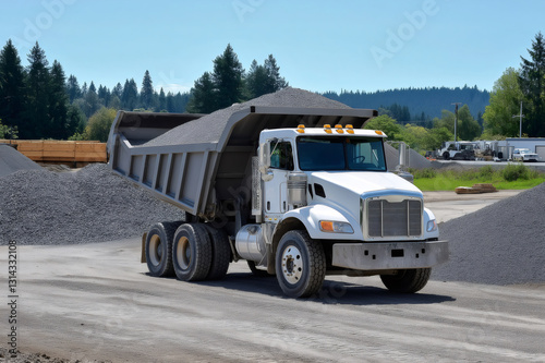 Wallpaper Mural White dump truck unloading gravel at a busy construction site, contributing to infrastructure development and earthmoving efforts Torontodigital.ca