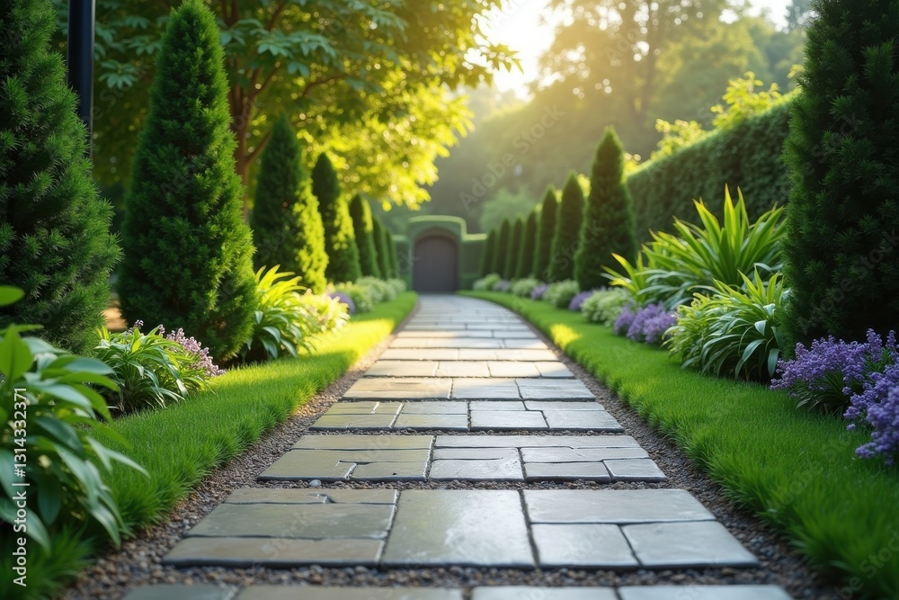 Lush garden path surrounded by vibrant greenery Lush garden path surrounded by vibrant greenery