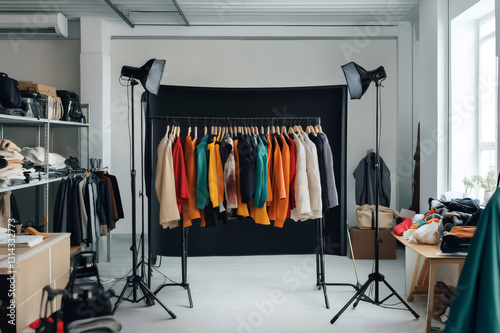 Wallpaper Mural Colorful clothes hanging on a rack in a bright studio with professional lighting equipment, ready for a fashion photoshoot Torontodigital.ca