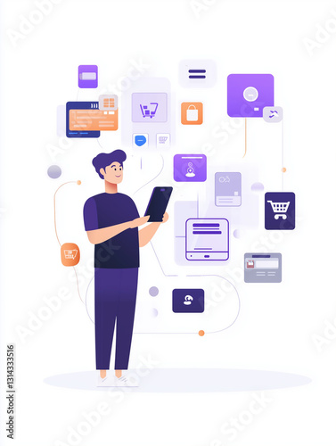 modern and dynamic representation of e commerce with man using tablet surrounded by various digital icons and elements. This illustration captures essence of online shopping and technology