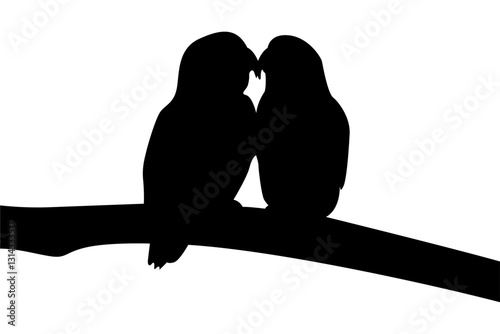 Silhouette of two lovebirds perched on a branch, isolated on white background. Vector illustration for signs, icons, logos, stickers, and templates. Editable EPS file.