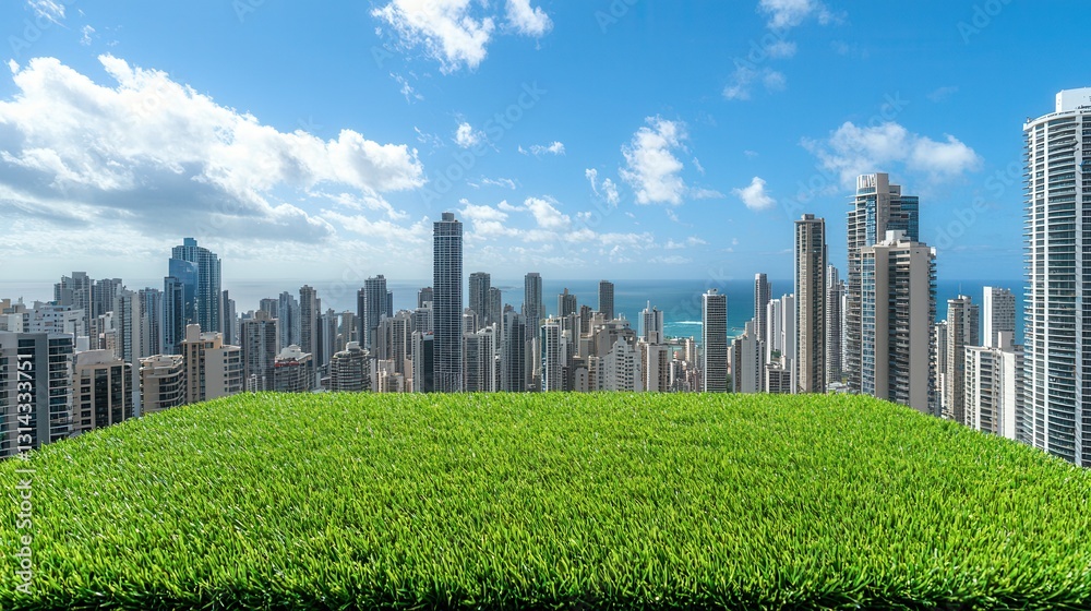 Obraz premium Green Grass Horizon Over City Skyline With Blue Sky and Cloudy Weather