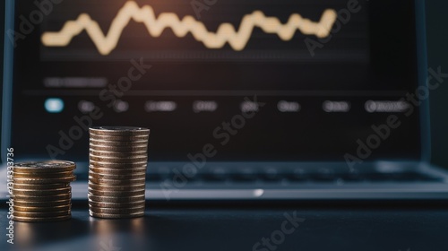 Laptop surrounded by stacks of coins representing passive income opportunities and financial growth with copy space