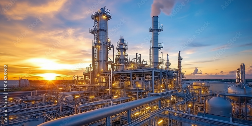 petrochemical industry at sunset, showcasing towering structures and pipes against twilight sky, creating dramatic industrial landscape