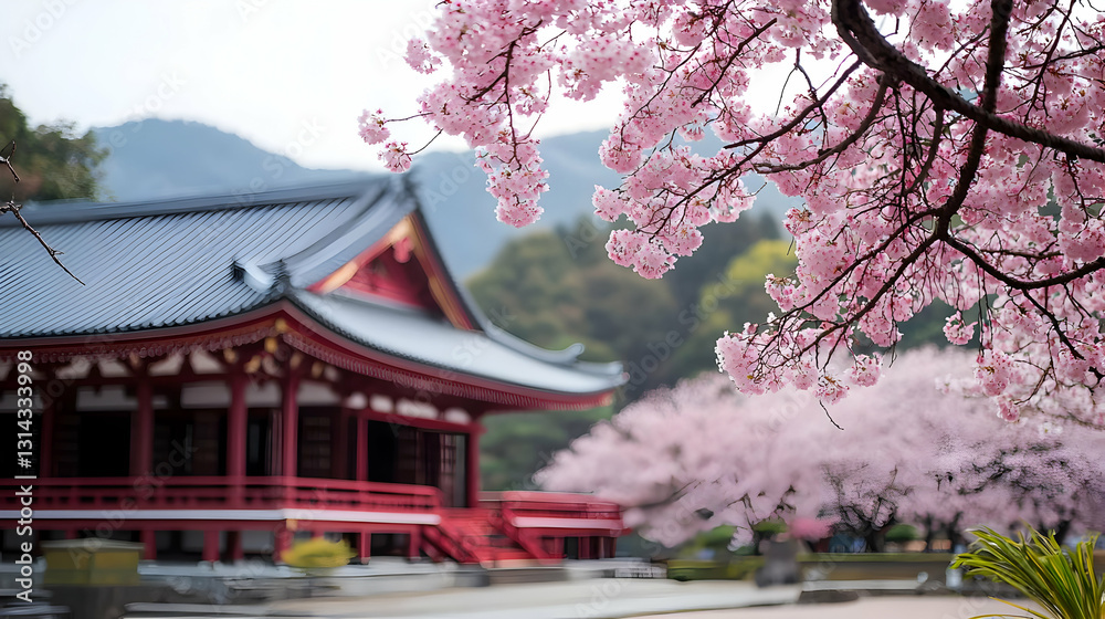 Traditional Japanese Temple With Pink Cherry Blossoms In Full Bloom During Spring Traditional Japanese Temple With Pink Cherry Blossoms In Full Bloom During Spring