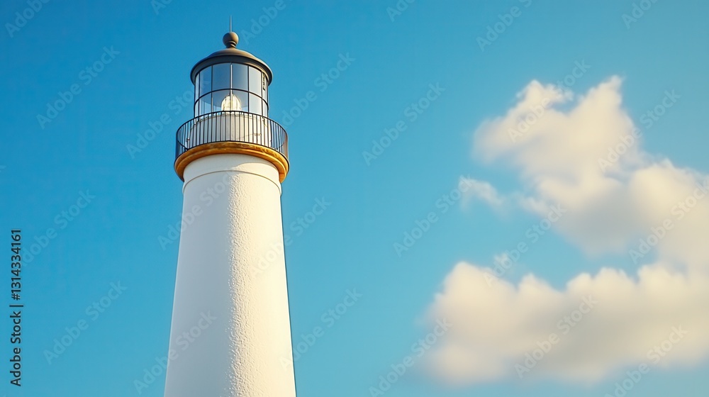 Towering Lighthouse Against Bright Blue Sky with Fluffy White Clouds in Background Towering Lighthouse Against Bright Blue Sky with Fluffy White Clouds in Background