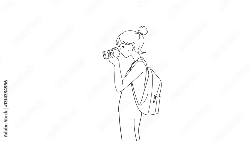 Minimalist Black-and-White Line Drawing of Woman with Ponytail and Camera Minimalist Black-and-White Line Drawing of Woman with Ponytail and Camera
