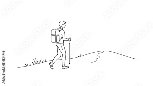 Man hiking uphill with backpack and stick