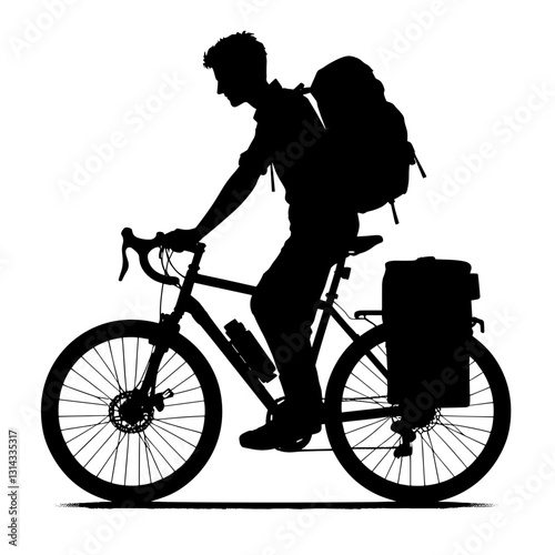 Silhouette of a cyclist riding a bike with backpack.