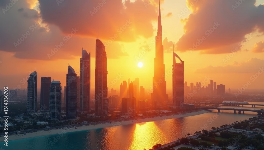Obraz premium Golden hour sun rays illuminate Dubai's skyscrapers , steel, dubai