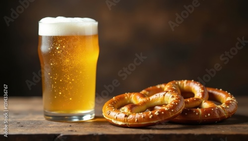 Golden lager in frosted glass, pretzels & cheese on rustic stone , rustic, golden, cold