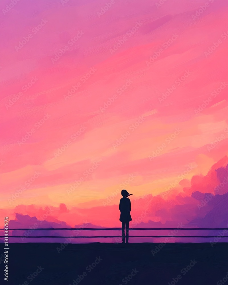 woman standing on bridge at sunset, looking at horizon, pastel pink sky woman standing on bridge at sunset, looking at horizon, pastel pink sky