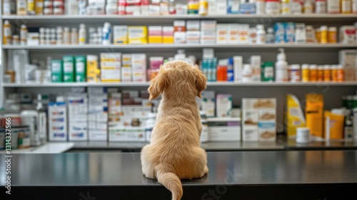 Curious puppy sitting on counter in veterinary pharmacy