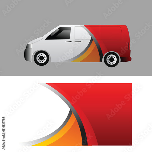 desain decal livery pembungkus bodi mobil van dengan kombinasi gradient merah dan kuning