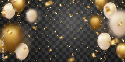 Festive confetti and flying balloons png. Golden bright confetti falls. Vector celebration background with confetti and 3d helium balloons. Holidays and Birthday. Isolated on transparent background.