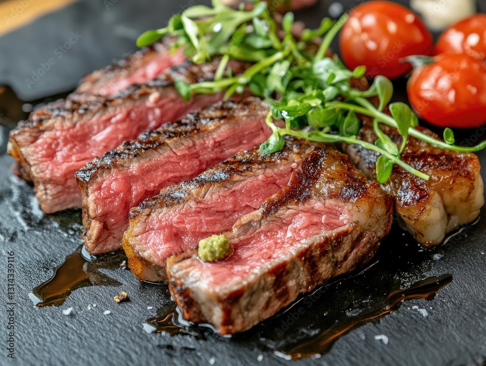 Succulent sliced steak, garnished with fresh greens and cherry tomatoes Succulent sliced steak, garnished with fresh greens and cherry tomatoes