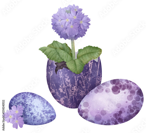 Easter eggs with primrose flowers. “Lilac Spring” collection for creating floral and Easter designs
