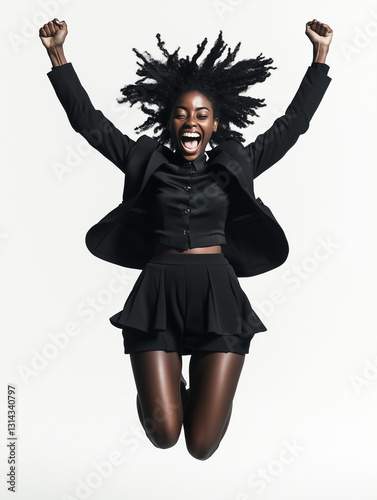 Black business woman jumping with excitement