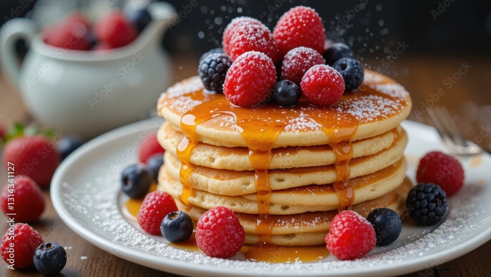 Delicious Stack of Fluffy Pancakes Topped with Fresh Berries and Maple Syrup on a Plate Delicious Stack of Fluffy Pancakes Topped with Fresh Berries and Maple Syrup on a Plate