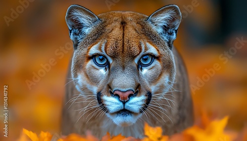 Cougar stares for autumn leaves, forest. photo