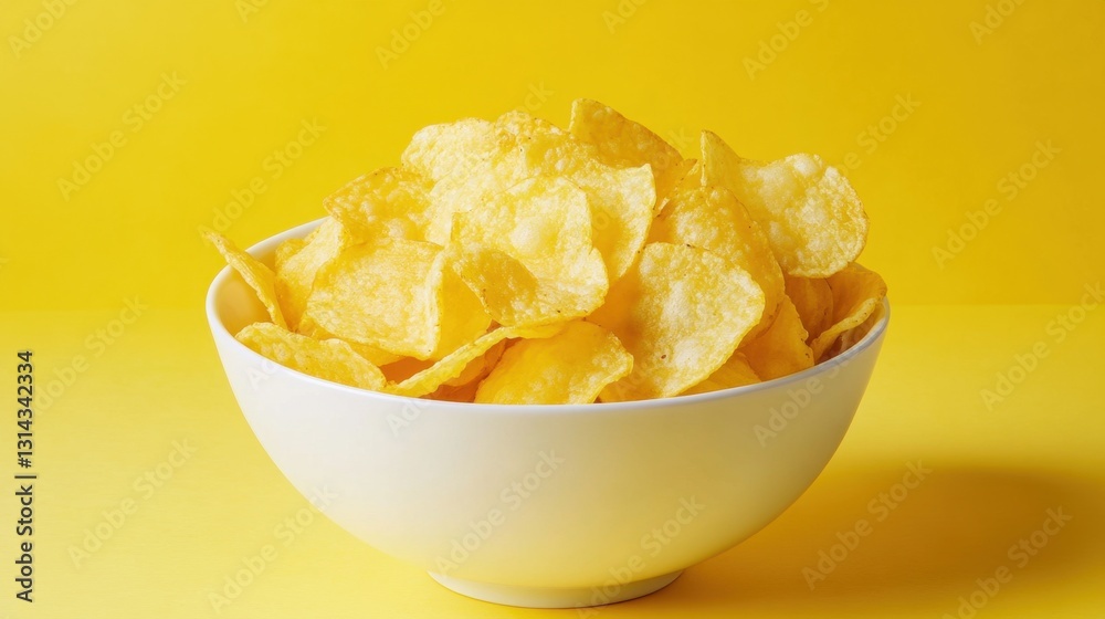 Crispy Potato Chips in a White Bowl Against a Bright Yellow Background Ideal for Food and Snack Themes in Marketing and Advertising Materials Crispy Potato Chips in a White Bowl Against a Bright Yellow Background Ideal for Food and Snack Themes in Marketing and Advertising Materials