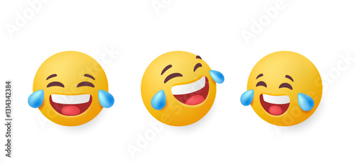 Set of 3d emoji. Stickers with laughing face expressing emotion of fun. Round yellow emoticons for communication in social networks. Realistic vector illustration collection in plasticine style