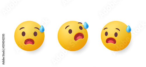 Set of 3d emoji. Stickers with tired or overworked face expressing emotion of fatigue. Emoticons for communication in social networks. Realistic vector illustration collection in plasticine style