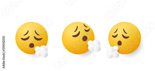 Set of 3d emoji. Stickers with tired upset face expressing negative emotions. Round yellow emoticons for communication in social networks. Realistic vector illustration collection in plasticine style