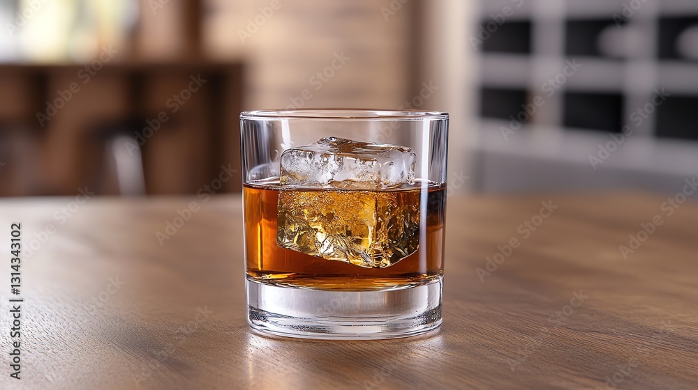 Whiskey on the Rocks in Glass on Wood Surface Indoors Whiskey on the Rocks in Glass on Wood Surface Indoors