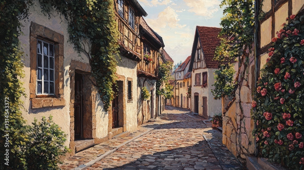 Charming Cobblestone Street in Quaint European Village Scene Charming Cobblestone Street in Quaint European Village Scene