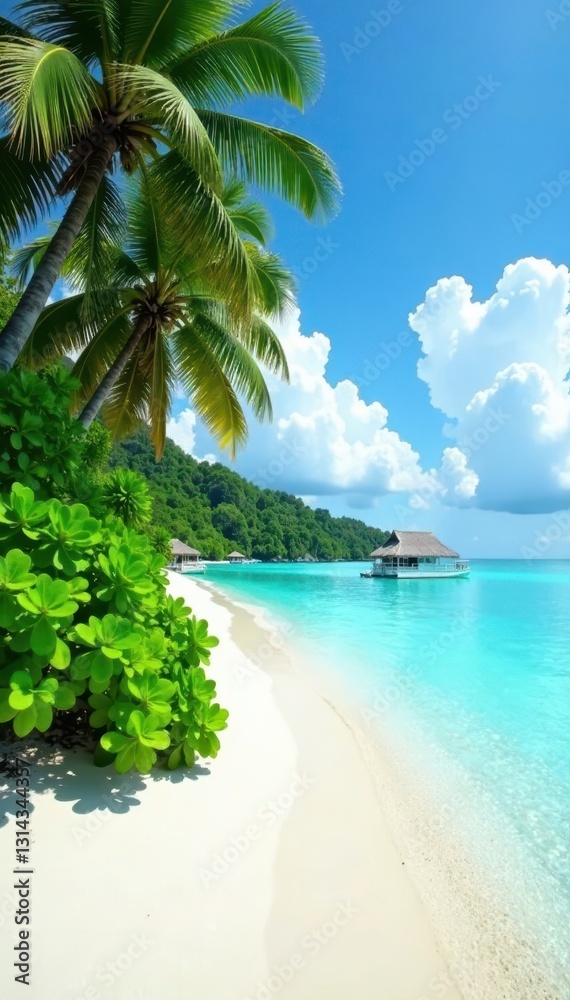 Lush vegetation on pristine Maldivian sandbar, sky, photo Lush vegetation on pristine Maldivian sandbar, sky, photo