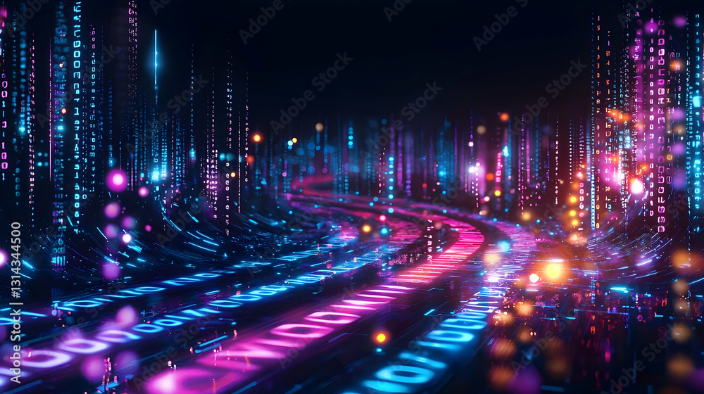 Fototapeta premium Illuminated Futuristic Cityscape With Data Streams Flowing Through Digital Highways In Pink And Blue
