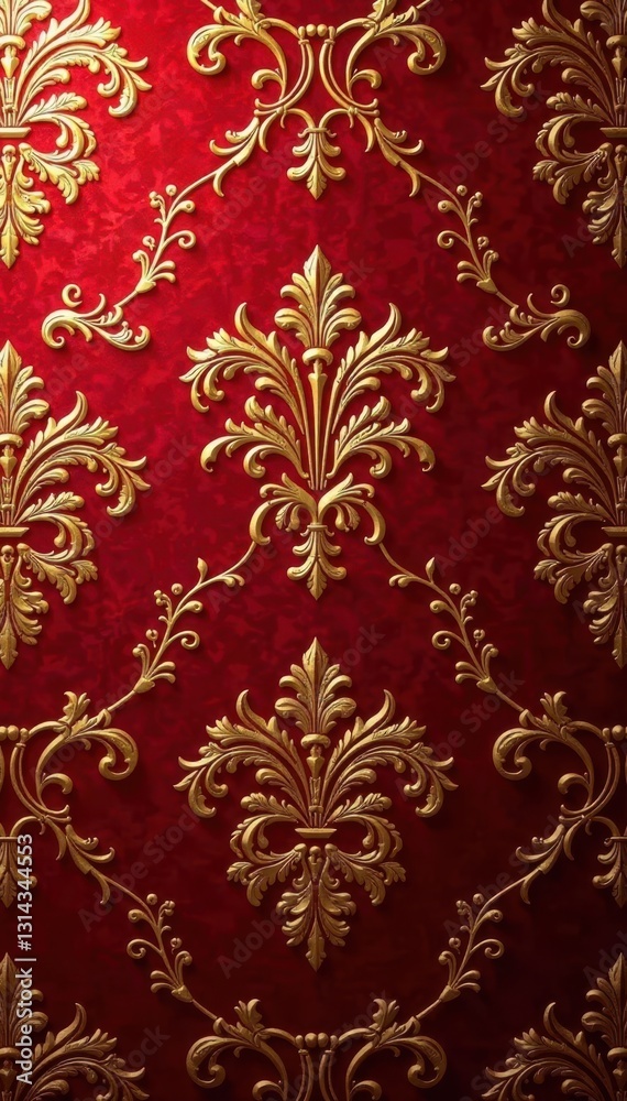 Luxurious ruby red & gold Baroque brocade wallpaper Intricate detailing, subtly worn texture , regal, gold Luxurious ruby red & gold Baroque brocade wallpaper Intricate detailing, subtly worn texture , regal, gold
