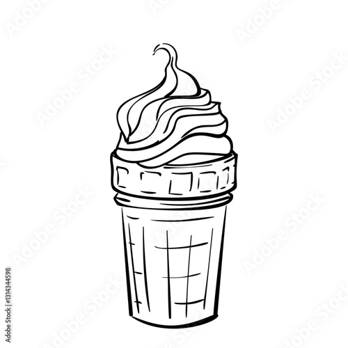 Soft serve swirl ice cream in waffle cup hand drawn illustration isolated, Delicious sweet dessert vector sketch monochrome black on white background