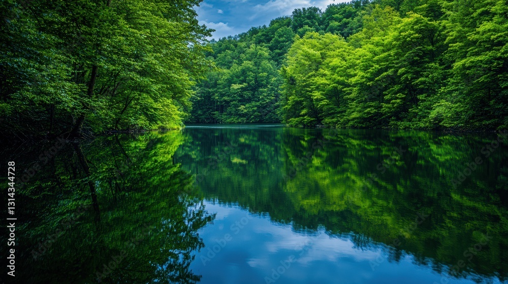 Serene Lake Reflection Surrounded by Lush Green Trees in Forest Serene Lake Reflection Surrounded by Lush Green Trees in Forest