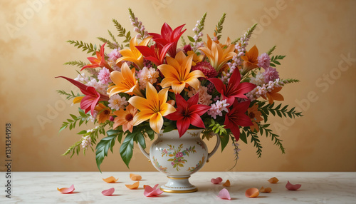 Colorful flower arrangement in a vase on a wooden table against a soft textured background