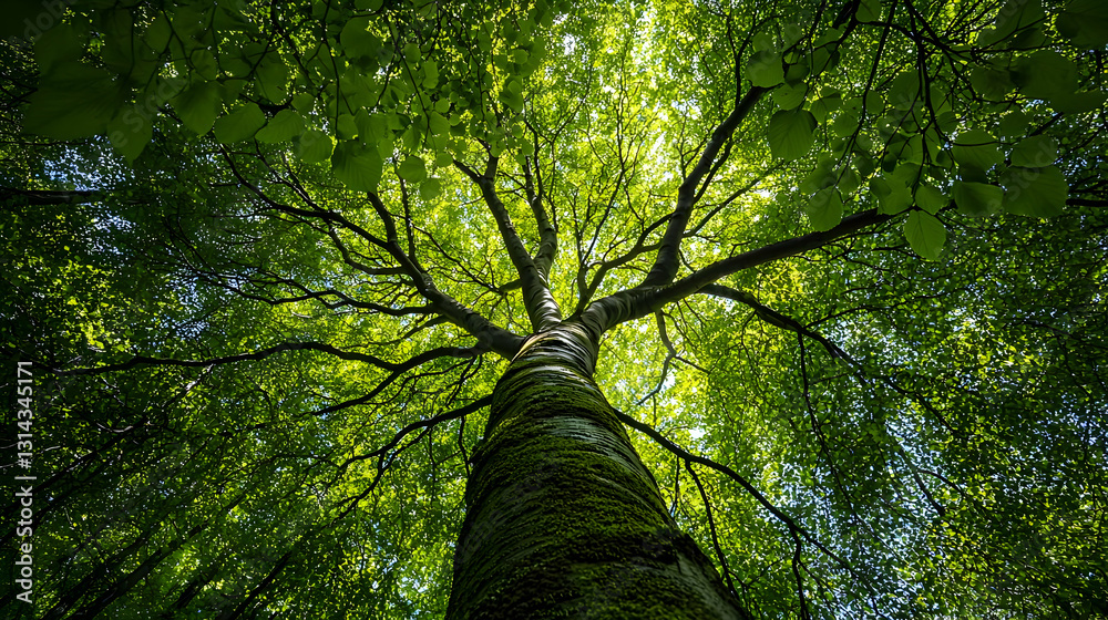 Fototapeta premium Low Angle View of a Majestic Lush Green Tree with Sunlight Streaming Through the Canopy in a Serene Forest Setting