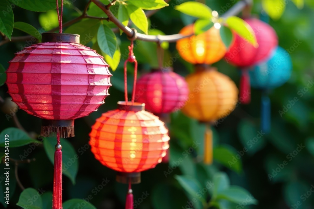 Fototapeta premium Multicolored paper lanterns cluster, green leaf background, illumination, holiday