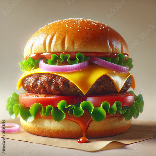 A mouthwatering gourmet burger. The burger features a toasted sesame seed bun, a thick and juicy beef patty, melted cheese, tomato, onion, salat