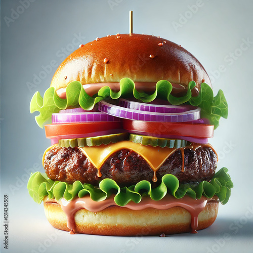 A mouthwatering gourmet burger. The burger features a toasted sesame seed bun, a thick and juicy beef patty, melted cheese, tomato, onion, salat