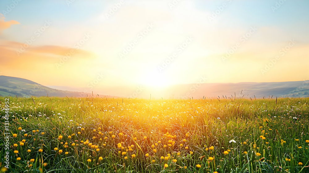 Golden Sunset Over A Vibrant Meadow With Wildflowers Blooming In The Foreground And Majestic Mountains In The Background Golden Sunset Over A Vibrant Meadow With Wildflowers Blooming In The Foreground And Majestic Mountains In The Background