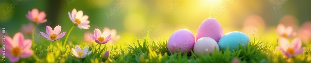 Pastel eggs nestled in blooming spring flowers, sunlit grass , vibrant, daffodil Pastel eggs nestled in blooming spring flowers, sunlit grass , vibrant, daffodil