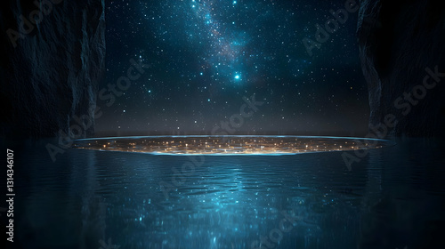 Dark Blue Night Sky With Twinkling Stars Reflected In Calm Water With Illuminated City Skyline On Horizon In Background