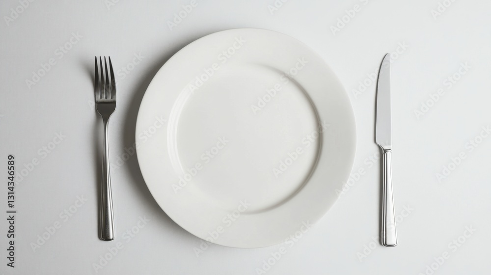 Minimalistic Table Setting with Empty White Ceramic Plate, Fork, and Knife on Bright Clean Background Minimalistic Table Setting with Empty White Ceramic Plate, Fork, and Knife on Bright Clean Background