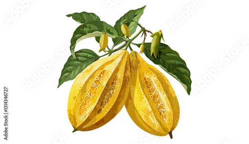 Carambola fruit vector, old botanical illustration, isolated on transparent background, exotic tropical starfruit, hand-drawn engraving, vintage botanical drawing, fresh ripe starfruit